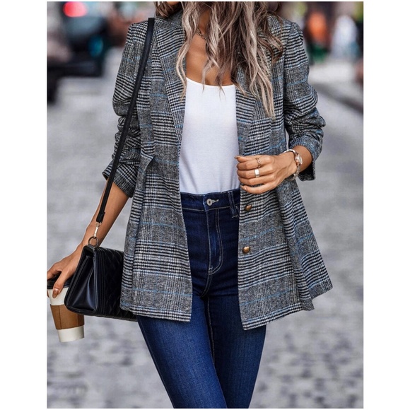 Classic Plaid Button up Jacket Coat Blazer - Picture 2 of 6